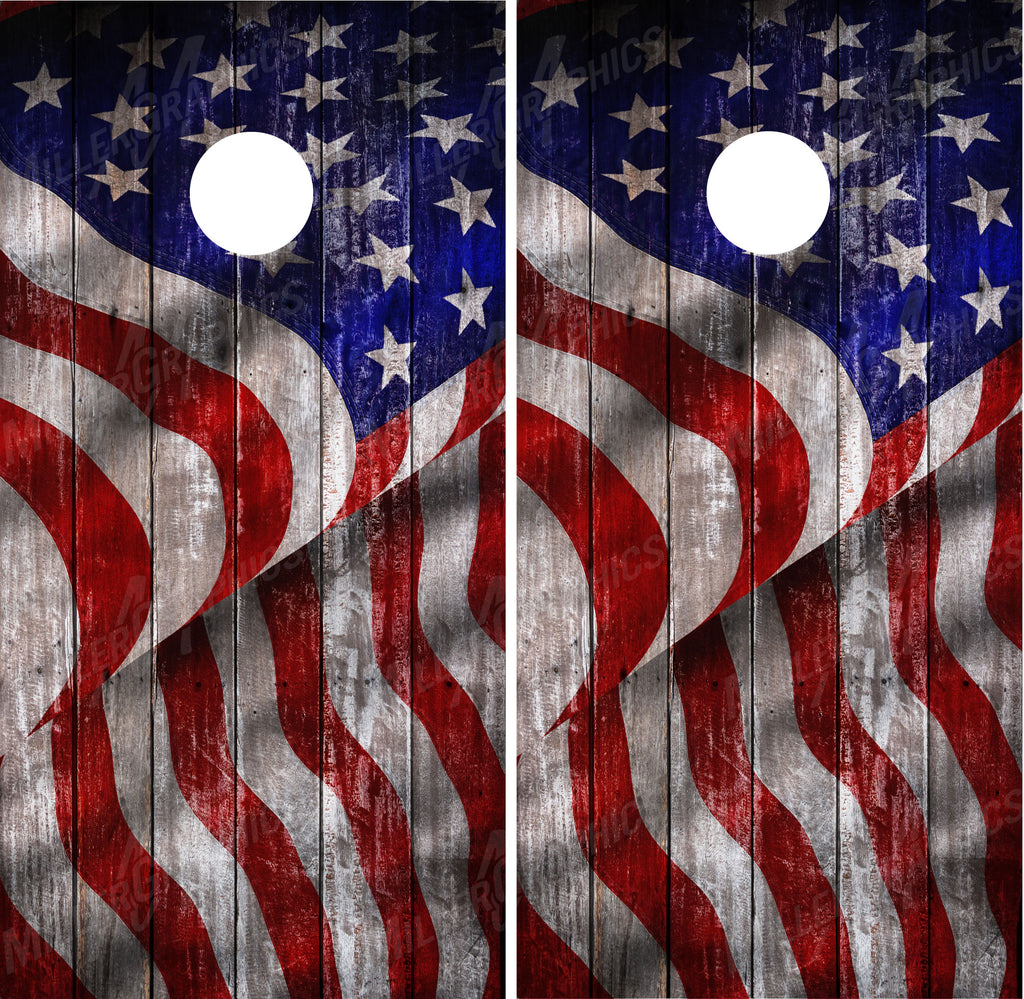 American Flag V3 Waving Distressed Wood Cornhole Wraps
