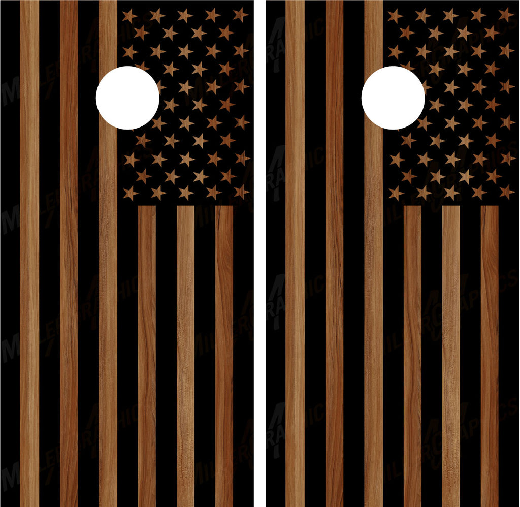 American Flag (Black) Brown Woodgrain Cornhole Wraps