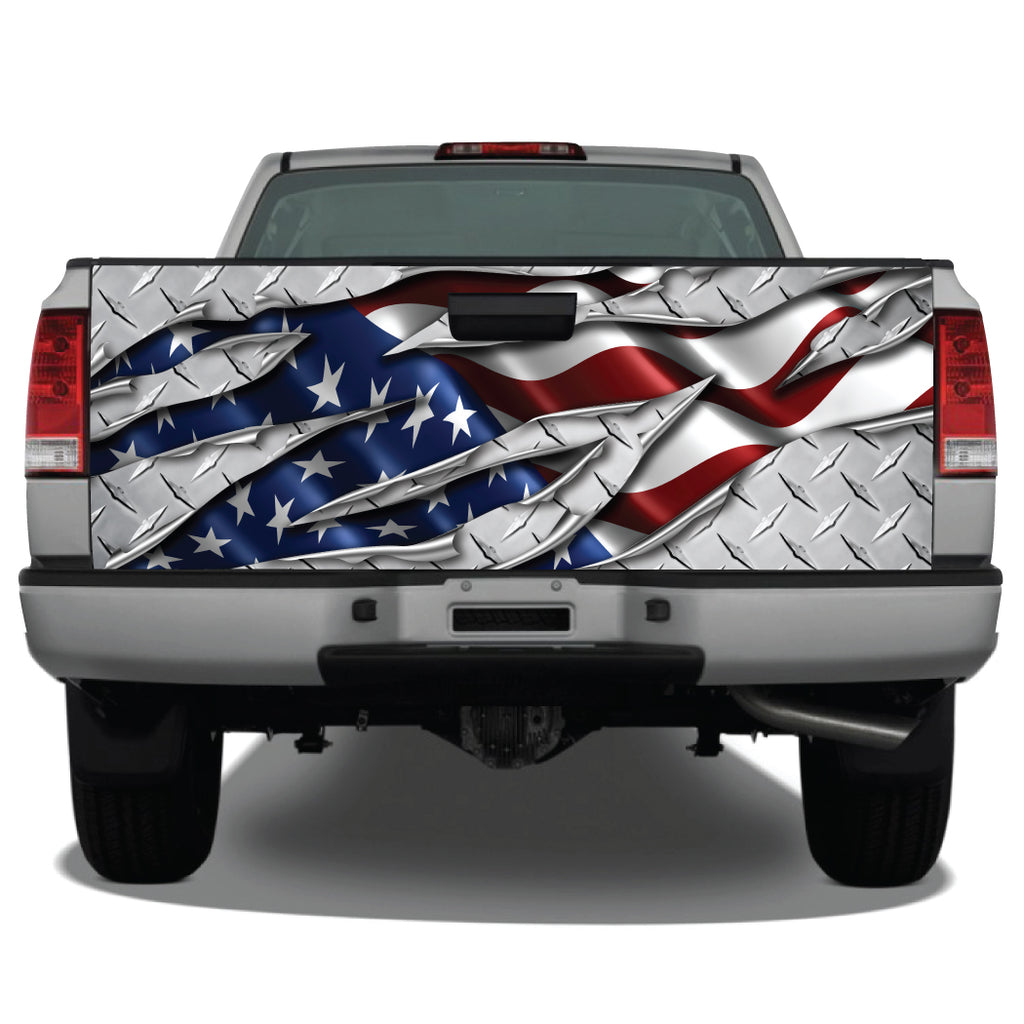 American Flag Ripped Metal Diamond Plate Tailgate Wrap
