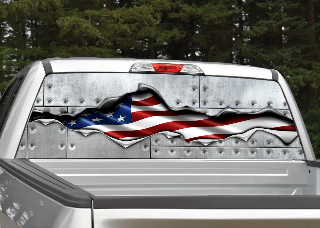 American Flag Ripped Metal #2 Riveted Metal Rear Window Decal
