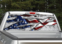 American Flag Ripped Metal Diamond Plate Rear Window Decal