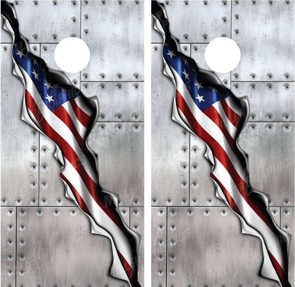 American Flag Ripped Metal Riveted Metal Cornhole Wraps