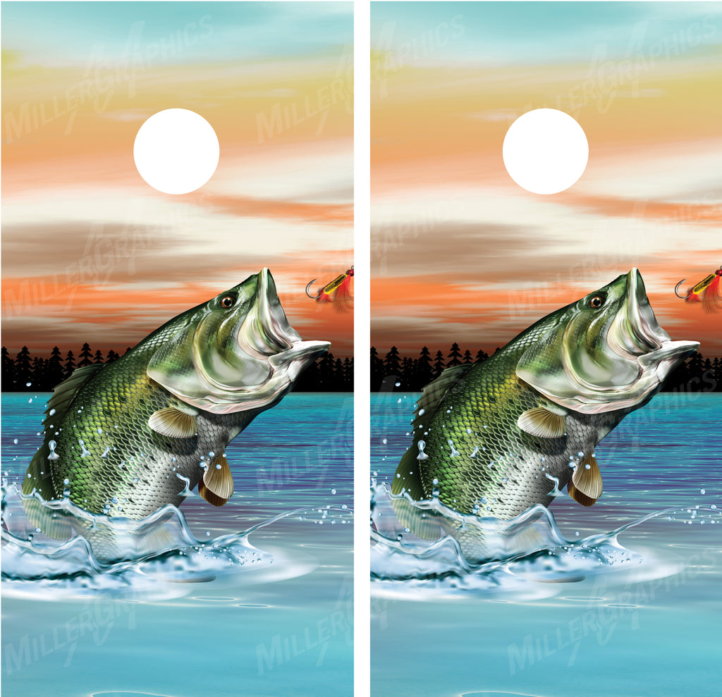 Bass Jumping Out of Water V2 Fishing Sunset Cornhole Wraps