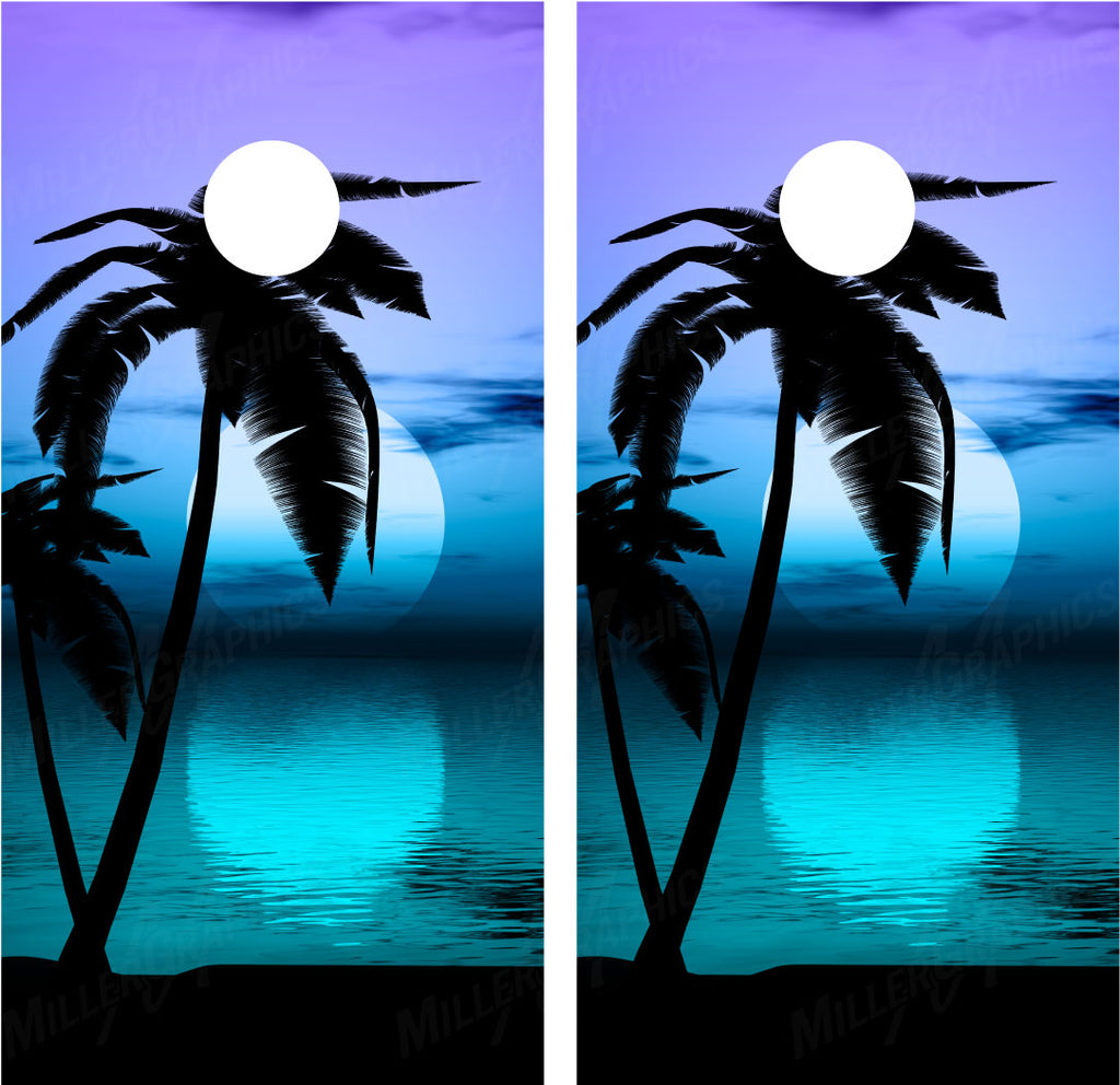 Beach Palm Trees #10 Tropical Sunset (Blue) Cornhole Wraps