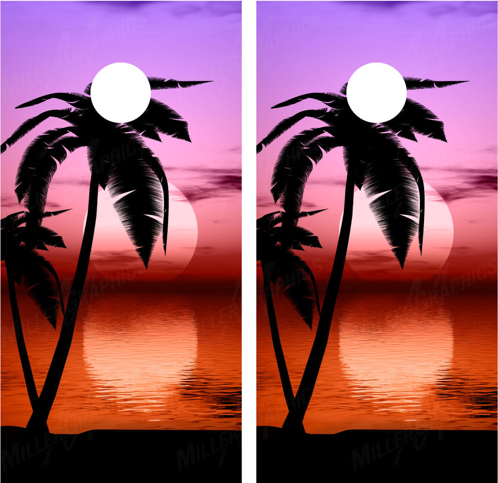 Beach Palm Trees #11 Tropical Sunset (Pink) Cornhole Wraps