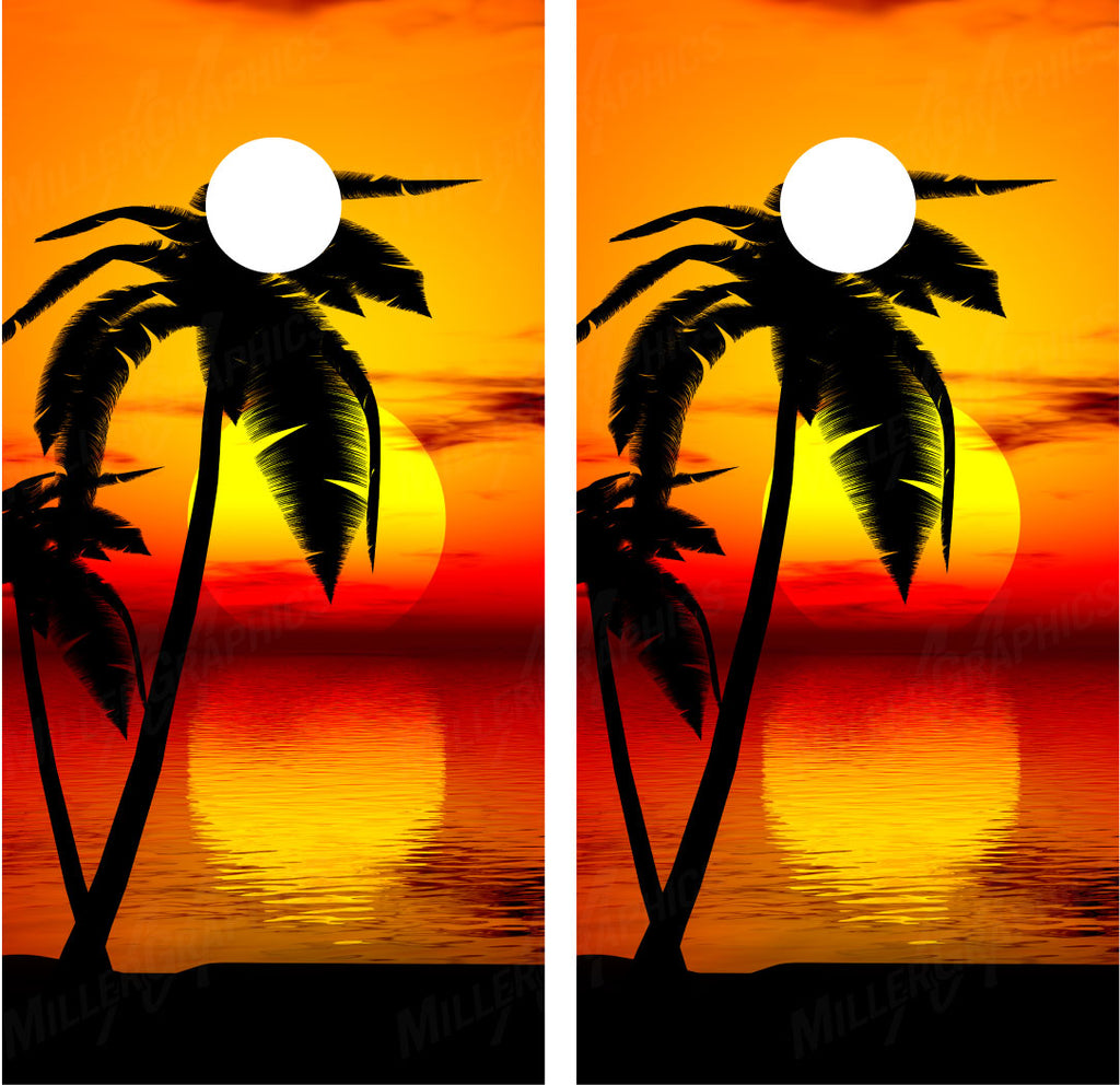Beach Palm Trees #9 Tropical Sunset (Orange) Cornhole Wraps