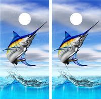 Blue Marlin Jumping Out of Water Fishing Cornhole Wraps