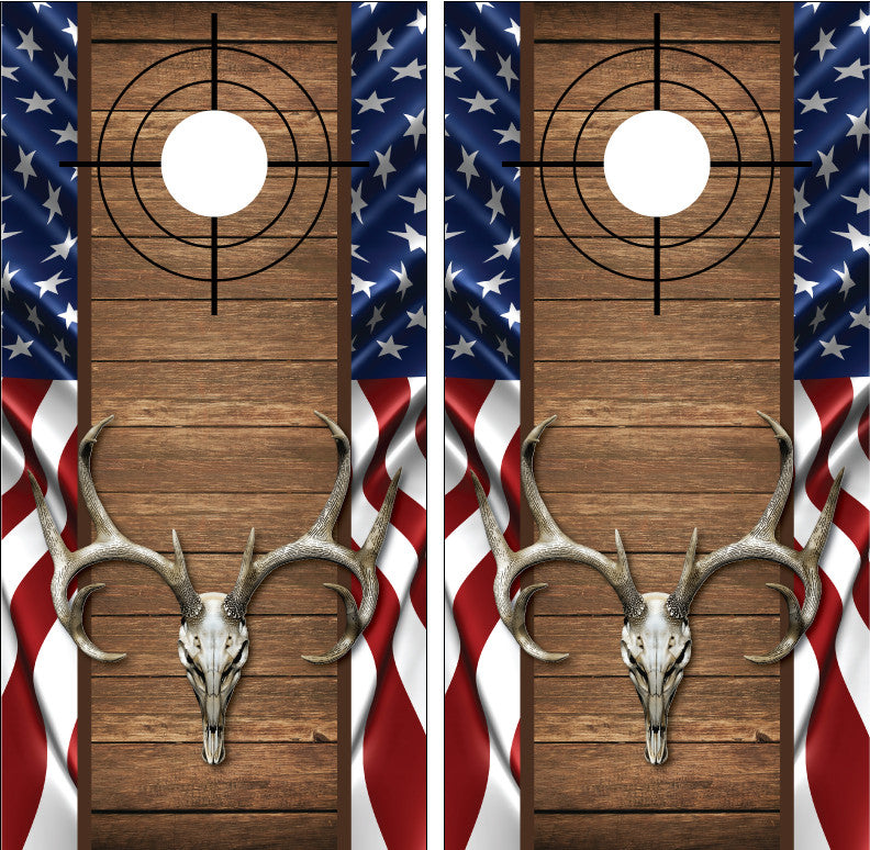 Buck Deer Skull American Flag Wood Cross Heirs Cornhole Wraps