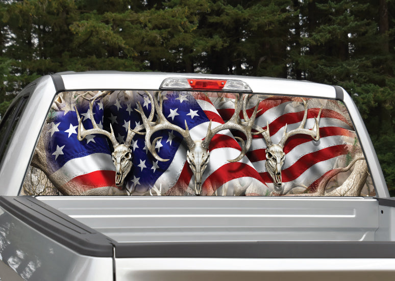 Buck Deer Skull American Flag Camo Rear Window Decal