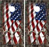 Buck Deer Skull American Flag Faded Camo Cornhole Wraps