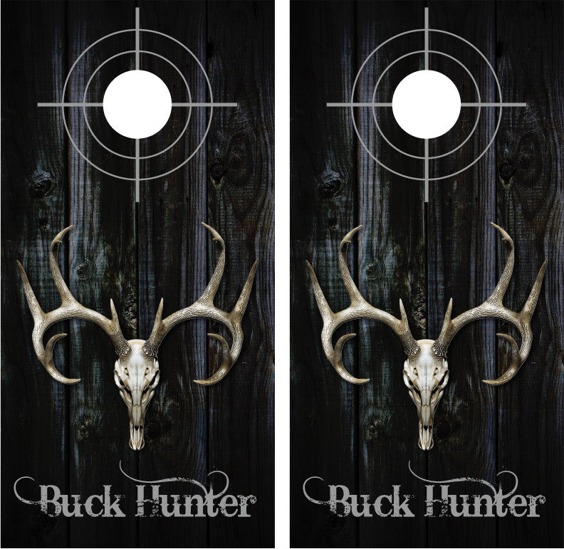 Buck Deer Skull "Buck Hunter" Black Wood Cornhole Wraps