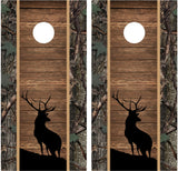 Elk Buck Silhouette Camo Wood Cornhole Wraps