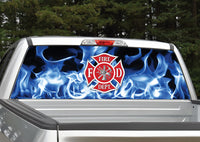 Firefighter Emblem Blue Flames Rear Window Decal