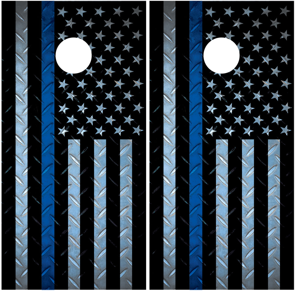 Police "Thin Blue Line" Diamond Plate American Flag