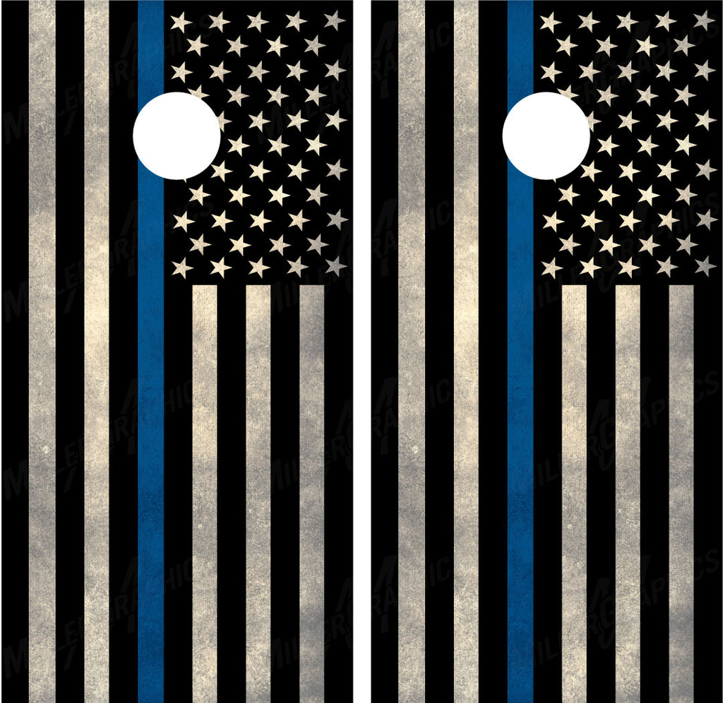 Police "Thin Blue Line" American Flag Cornhole Wraps