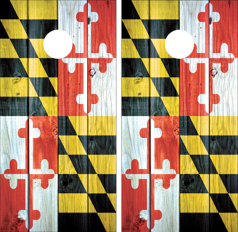 Maryland Flag Distressed Wood Cornhole Wraps